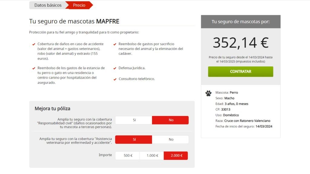 Simulación precio seguro de asistencia veterinaria y accidentes para perros Mapfre para loki