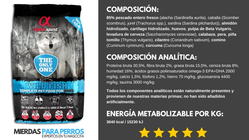 Alpha spirit the only one wild fish: mejor pienso para perros de pescado. Composición, composición analítica, energía metabolizable.