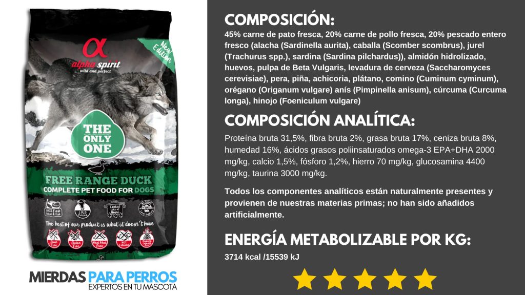 Alpha spirit the only one free range duck: mejor pienso para perros natural. Composición, composición analítica, energía metabolizable.