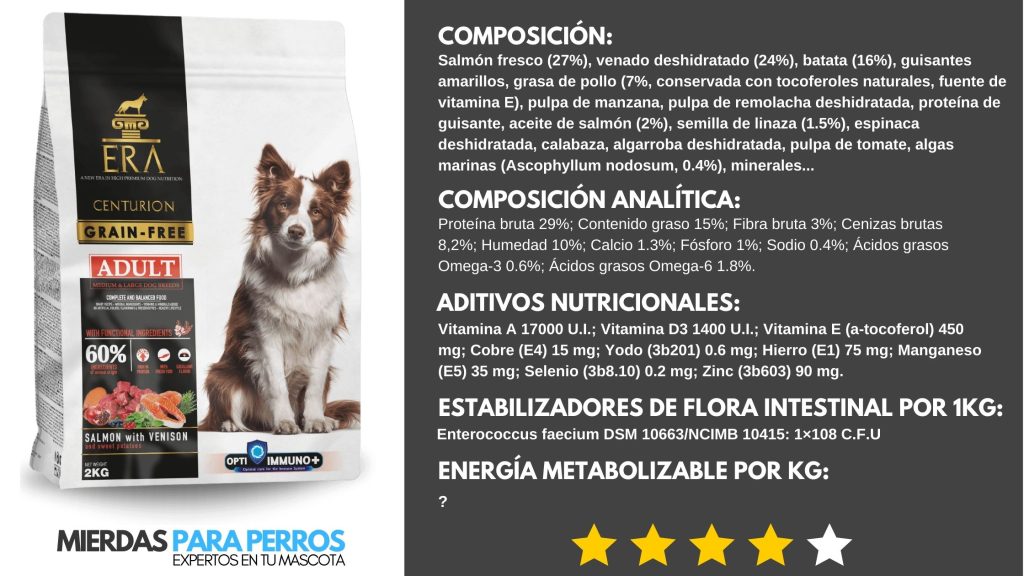ERA Centurion Grain-Free Salmón y Venado: mejor pienso de salmón. composición, composición analítica, aditivos nutricionales, aditivos tecnológicoses, estabilizadores de flora intestinal.