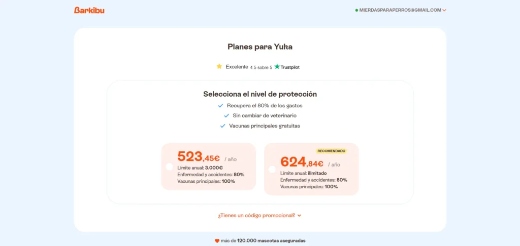 Precio seguro Barkibu anual para Yuka de 523,45€ al 80%