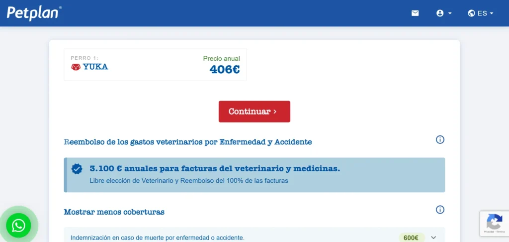 Precio del seguro veterinario para Yuka en Petplan