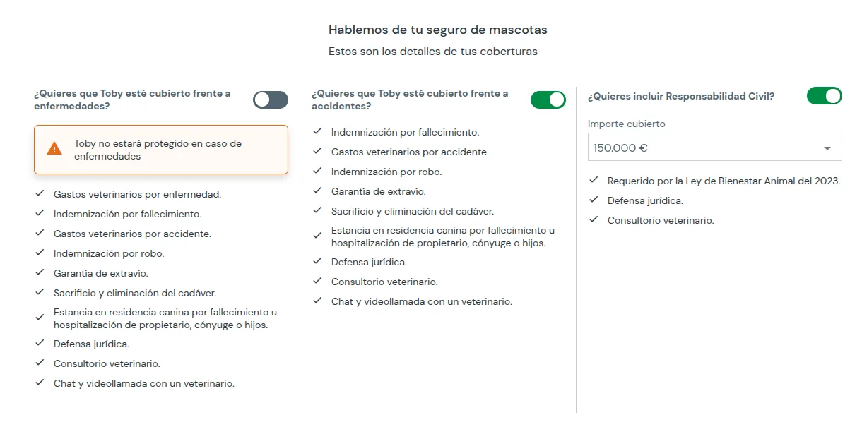 Captura de coberturas del presupuesto de MAPFRE para Toby con responsabilidad civil y asistencia por accidente