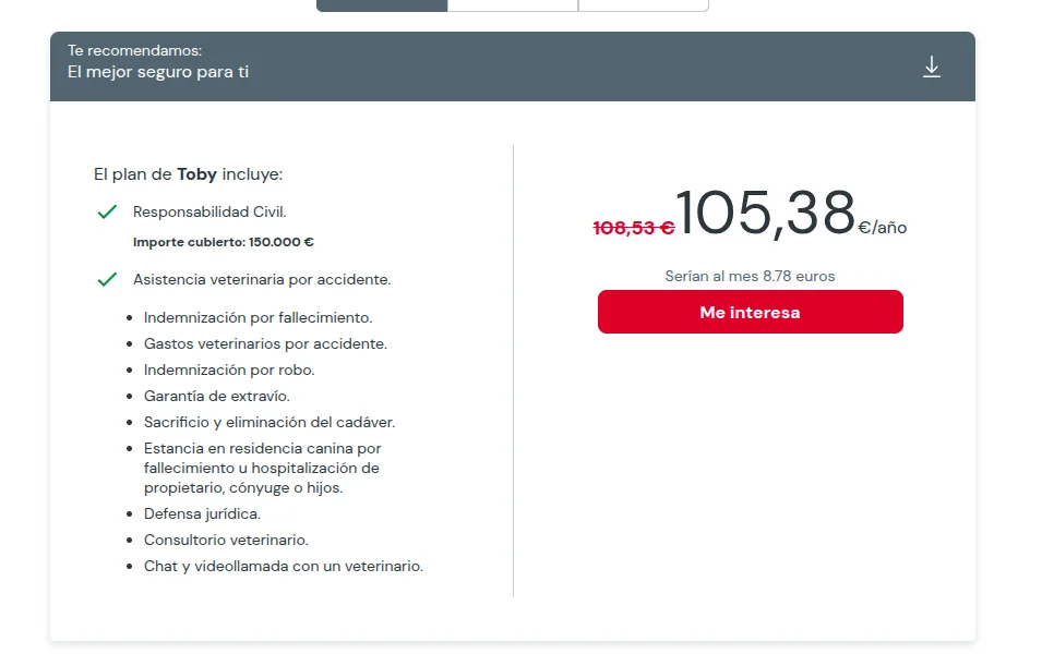 Captura del presupuesto anual de MAPFRE para Toby, perro ficticio Labrador Retriever