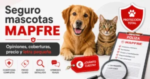 Imagen destacada del análisis del seguro para mascotas MAPFRE con perro, gato, póliza, precio, coberturas y letra pequeña.