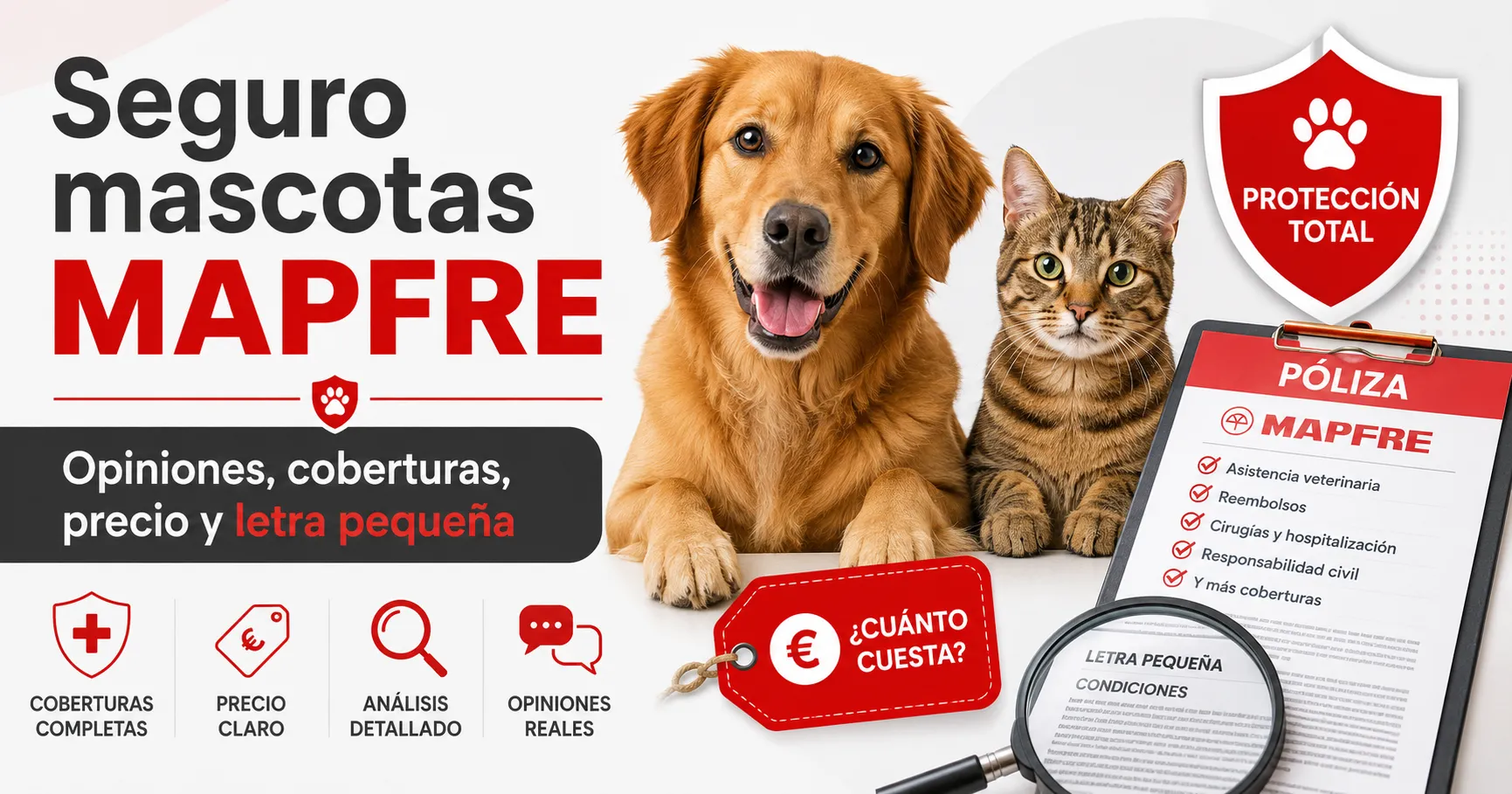 Imagen destacada del análisis del seguro para mascotas MAPFRE con perro, gato, póliza, precio, coberturas y letra pequeña.