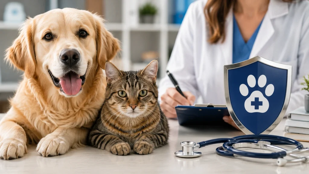 Perro y gato en clínica veterinaria con documentos de seguro para mascotas, imagen para opiniones de ASISA Mascotas.