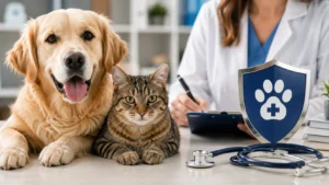 Perro y gato en clínica veterinaria con documentos de seguro para mascotas, imagen para opiniones de ASISA Mascotas.