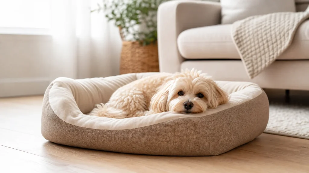 Perro pequeno descansando en una cama comoda para comparar las mejores camas para perros pequenos
