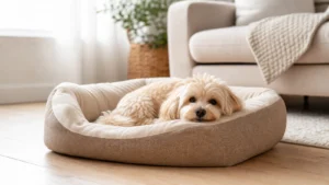 Perro pequeno descansando en una cama comoda para comparar las mejores camas para perros pequenos