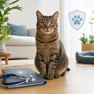 Gato doméstico sano junto a elementos de protección veterinaria