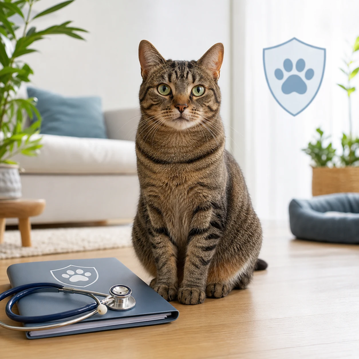 Gato doméstico sano junto a elementos de protección veterinaria